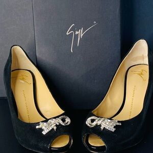 Giuseppe Zanotti Black Crystal-Embellished Peep-Toe “Sharon” Heels Authentic